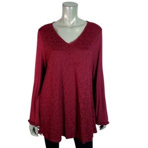 Suzanne Betro Top Size L Tunic‎ Embroidered Flare Sleeve Stretch V-Neck Red
